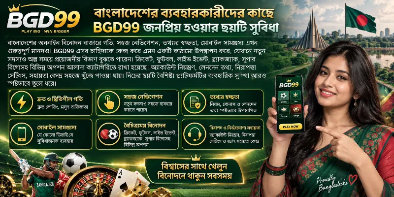 BGD99 প্ল্যাটফর্মের একটি ব্যবহারকারীবান্ধব মোবাইল ইন্টারফেস, যেখানে ক্রিকেট, ফুটবল, লাইভ ক্যাসিনো গেমের সুবিন্যস্ত ক্যাটাগরি এবং সহজ নেভিগেশন অপশন প্রদর্শিত হচ্ছে।